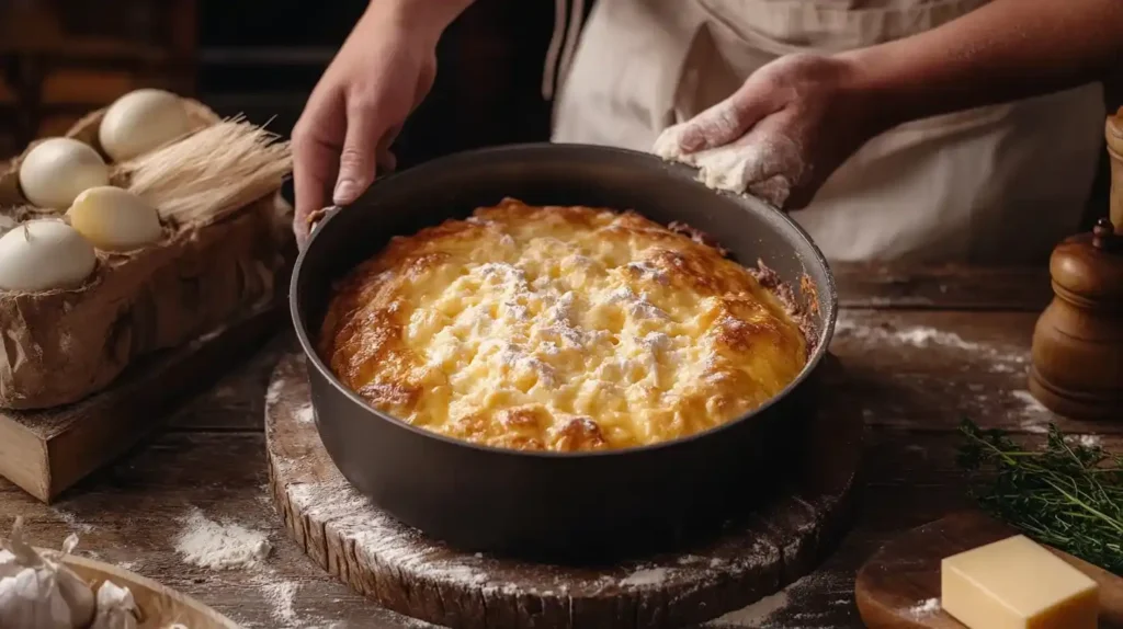 Grosse gougères au fromage dorée et gonflée, servie sur une planche en bois rustique