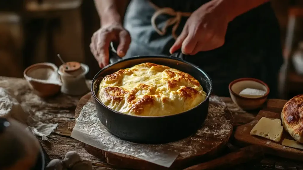 Grosse gougères au fromage dorée et gonflée, servie sur une planche en bois rustique