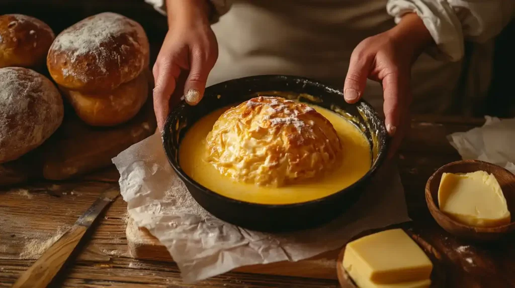 Grosse gougères au fromage dorée et gonflée, servie sur une planche en bois rustique