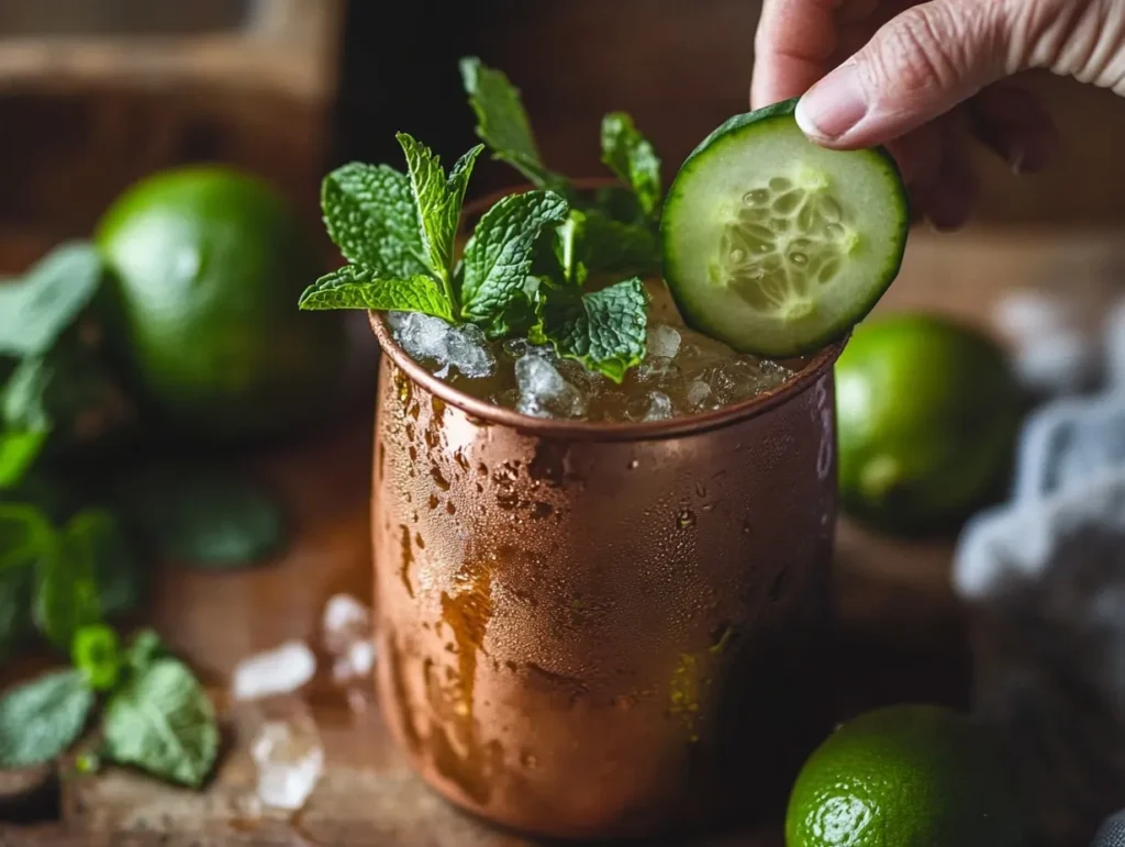 Cocktail Moscow Mule rafraîchissant servi dans un mug en cuivre avec glaçons, menthe et citron vert