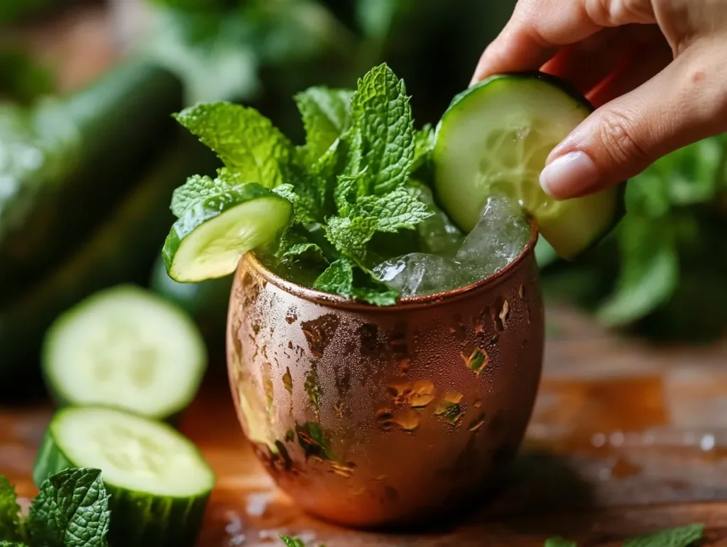 Cocktail Moscow Mule rafraîchissant servi dans un mug en cuivre avec glaçons, menthe et citron vert