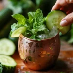 Cocktail Moscow Mule rafraîchissant servi dans un mug en cuivre avec glaçons, menthe et citron vert