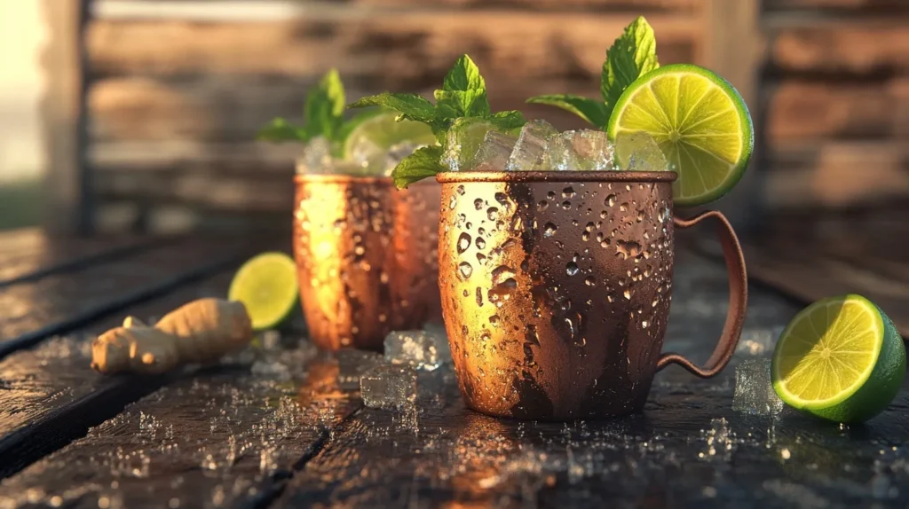 Cocktail Moscow Mule rafraîchissant servi dans un mug en cuivre avec glaçons, menthe et citron vert