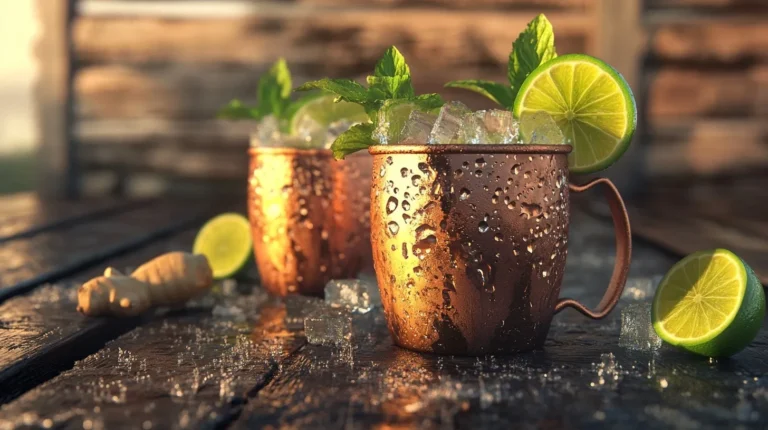 Cocktail Moscow Mule rafraîchissant servi dans un mug en cuivre avec glaçons, menthe et citron vert