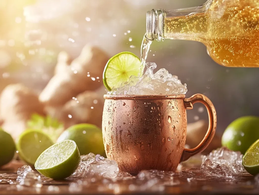 Cocktail Moscow Mule rafraîchissant servi dans un mug en cuivre avec glaçons, menthe et citron vert