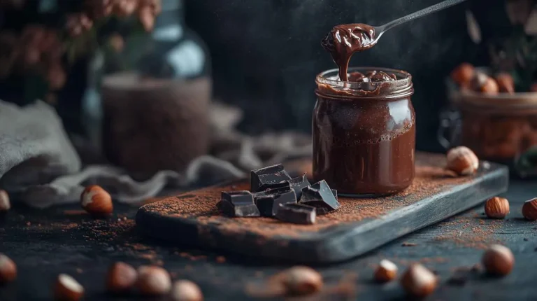Pâte à tartiner maison onctueuse dans un pot en verre, avec tartine en arrière-plan