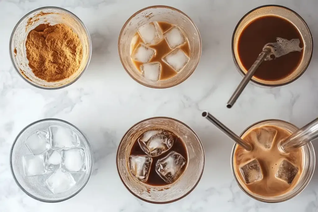Café glacé rafraîchissant servi dans un verre transparent avec glaçons et paille