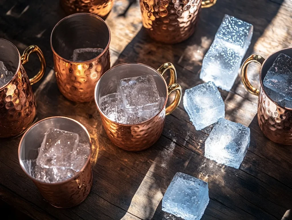 Cocktail Moscow Mule rafraîchissant servi dans un mug en cuivre avec glaçons, menthe et citron vert