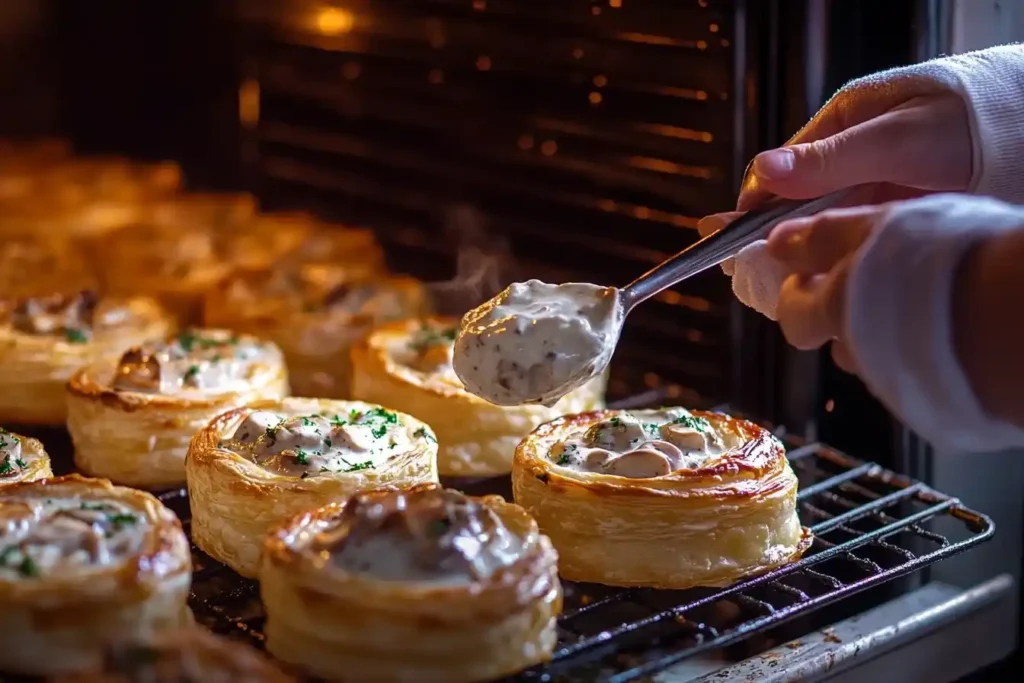 Recette Bouchée à la reine traditionnelle garnie de volaille et champignons dans une sauce crémeuse, servie chaude