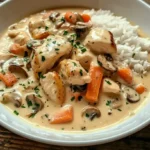 Blanquette de Poulet Cookeo servie dans une assiette creuse avec riz et persil