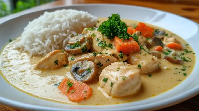 Blanquette de Poulet Cookeo servie dans une assiette creuse avec riz et persil