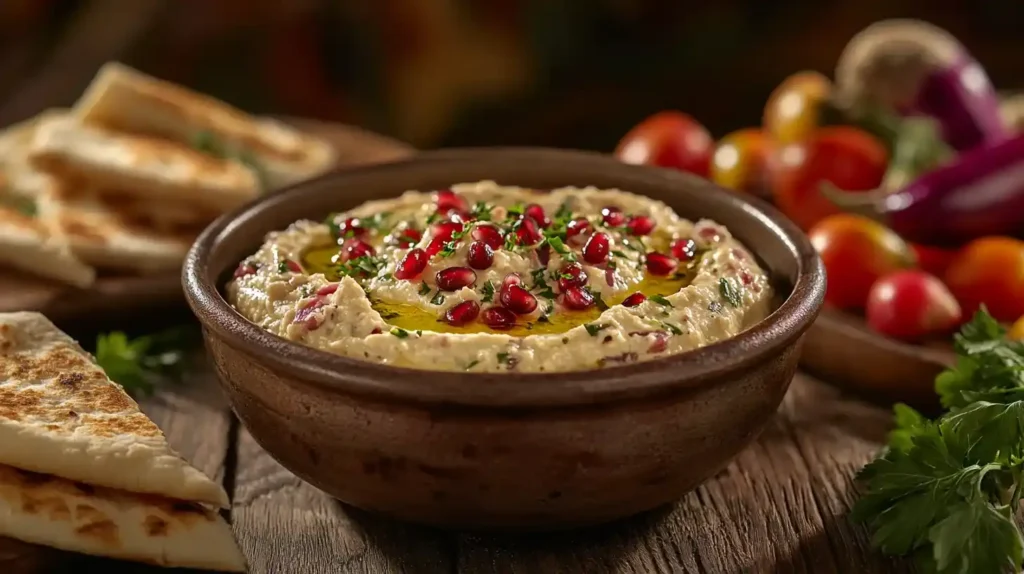 Caviar d’aubergine libanais onctueux servi dans un bol rustique avec pain pita et légumes croquants