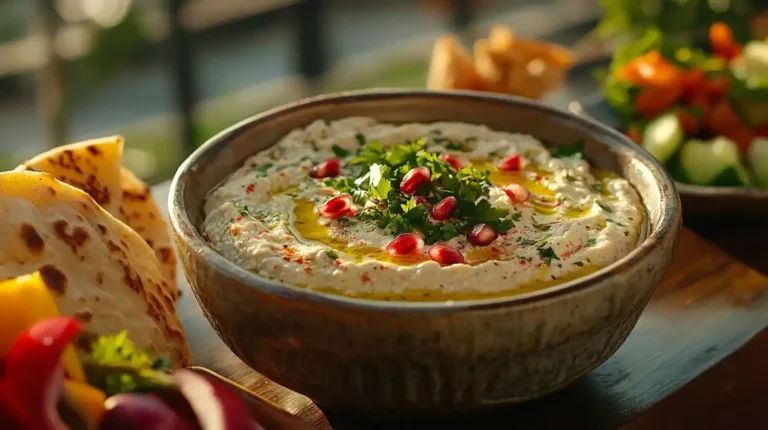 Caviar d’aubergine libanais onctueux servi dans un bol rustique avec pain pita et légumes croquants
