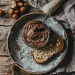 Pâte à tartiner maison onctueuse dans un pot en verre, avec tartine en arrière-plan