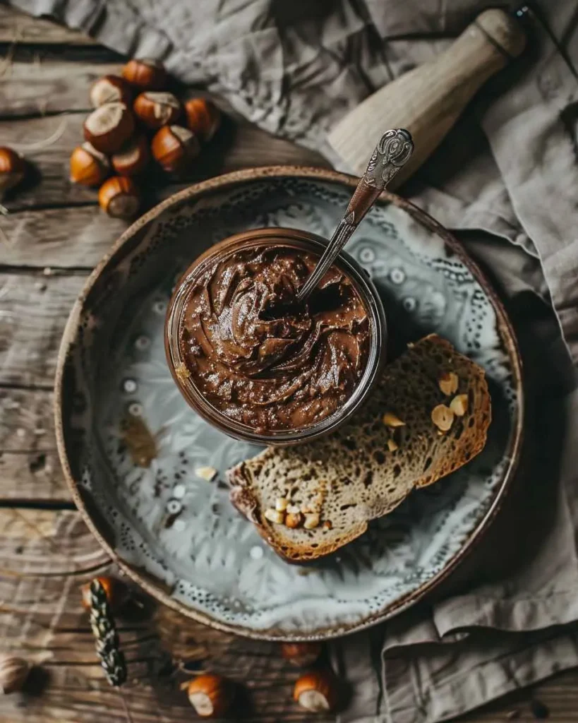 Pâte à tartiner maison onctueuse dans un pot en verre, avec tartine en arrière-plan