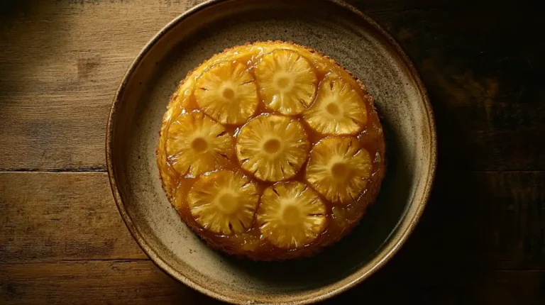 Gâteau à l’ananas caramélisé fait maison, présenté sur une assiette rustique