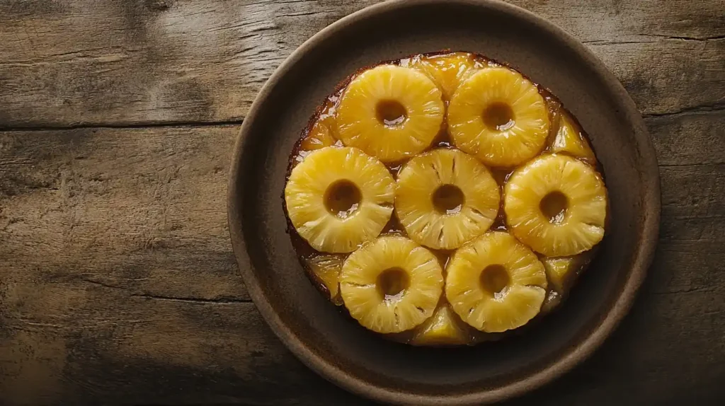 Gâteau à l’ananas caramélisé fait maison, présenté sur une assiette rustique