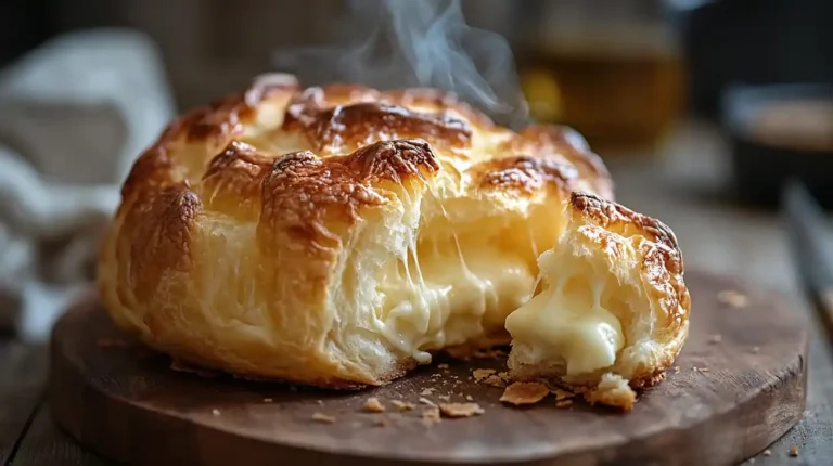 Gougères au fromage dorée et gonflée, servie sur une planche en bois rustique