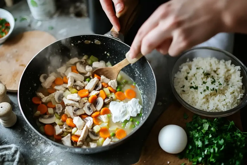 Blanquette de Poulet Cookeo servie dans une assiette creuse avec riz et persil