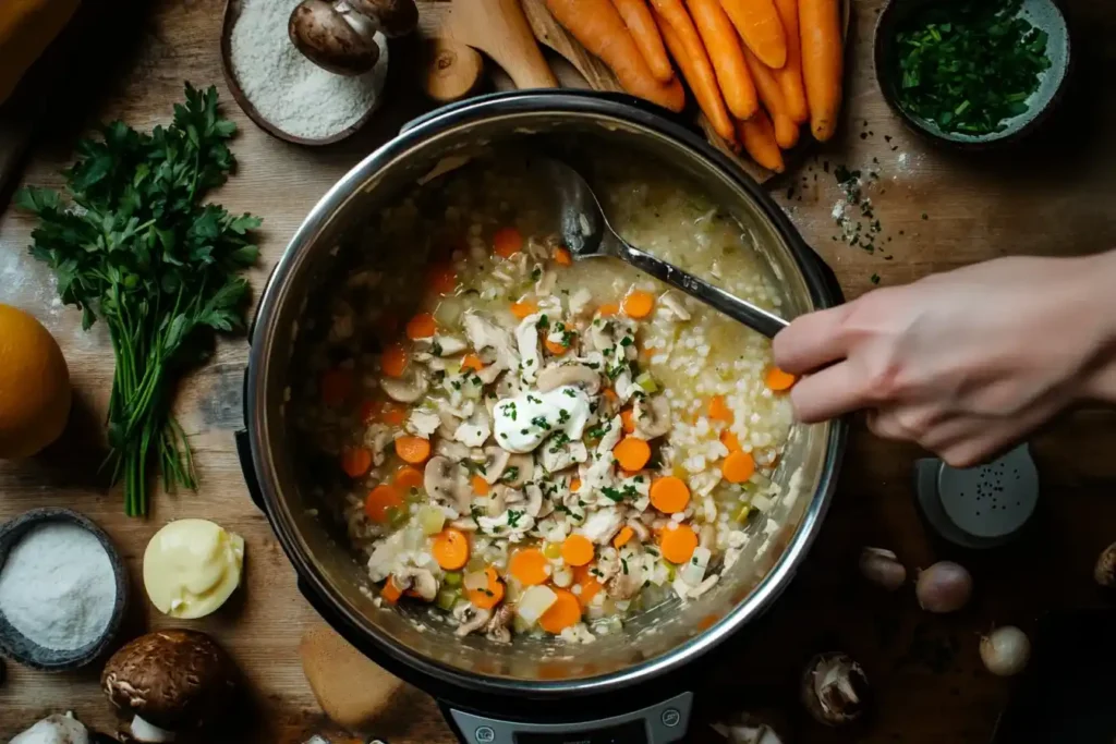 Blanquette de Poulet Cookeo servie dans une assiette creuse avec riz et persil