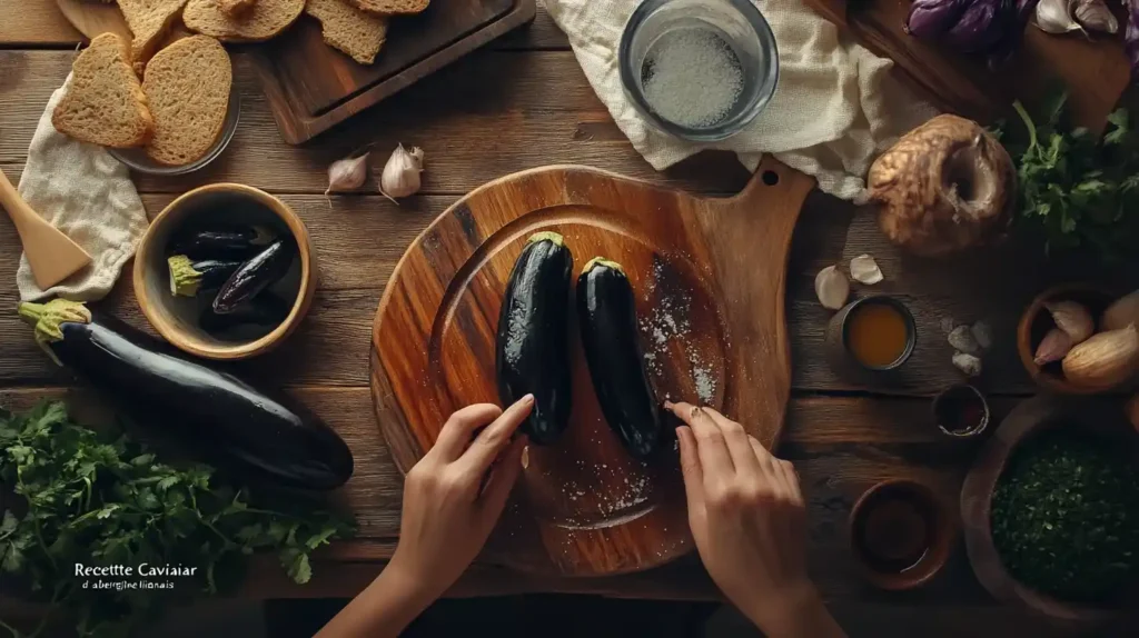 Caviar d’aubergine libanais onctueux servi dans un bol rustique avec pain pita et légumes croquants