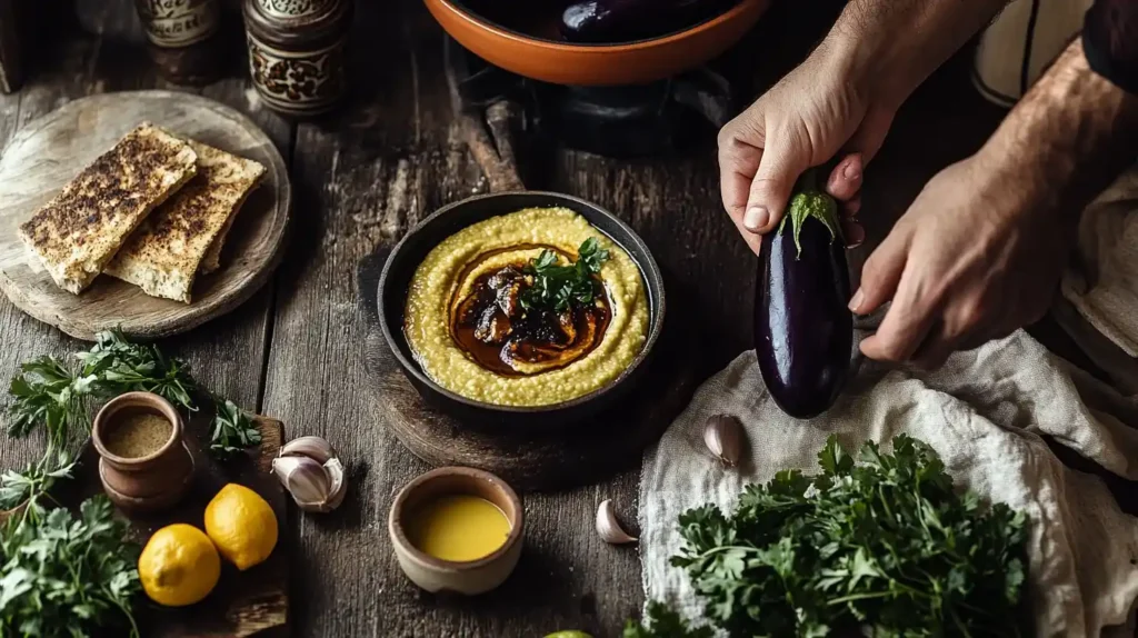 Caviar d’aubergine libanais onctueux servi dans un bol rustique avec pain pita et légumes croquants